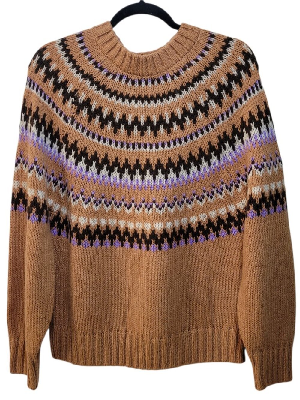 Love Tree Womens Fair Isle Sweater Brown Tan Purple High Crew Neck Pullover M